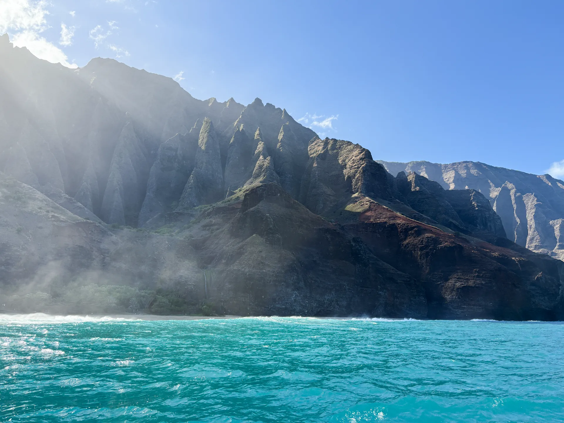Hanalei Bay viewed from the water on a sunny day